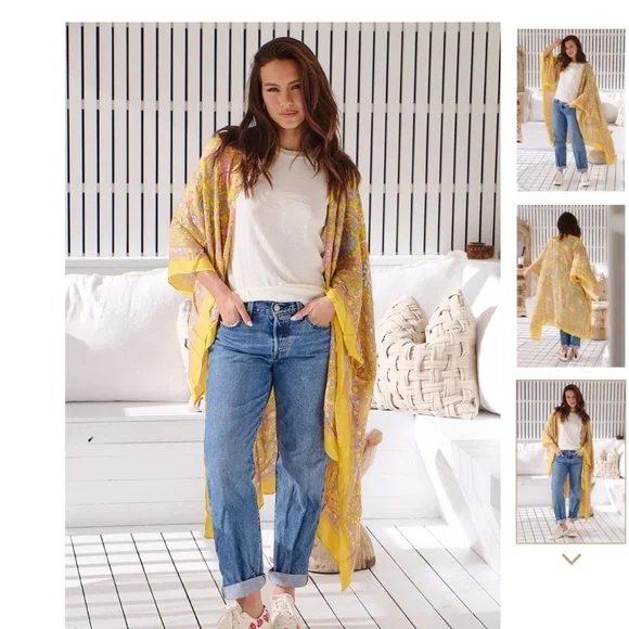 Free People MAGIC DANCE BORDER PRINT KIMONO- MELLOW YELLOW floral one size - Picture 2 of 8